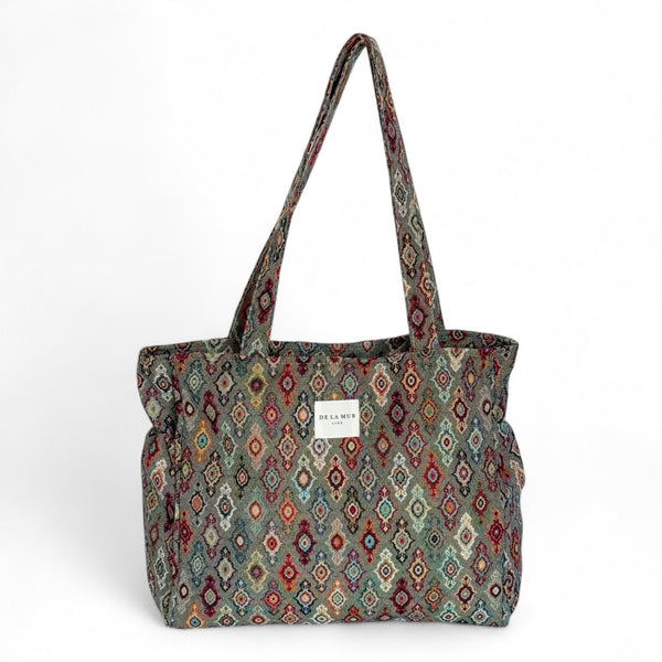 Shopper met rits, Shopper tas De La Mur Line, tas met rits, werktas, unieke prints grijs kleurrijke print TRIGO