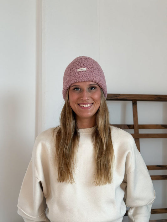 Muts, wintermuts De La Mur Line, bijpassende Teddy Sjaals, roze